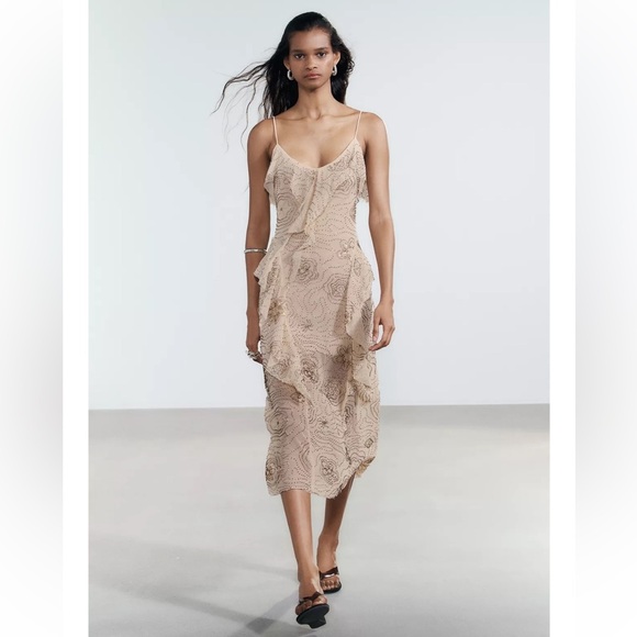 Zara Tan Slip Midi Dress Spaghetti Strap Cocktail- medium - Picture 1 of 4